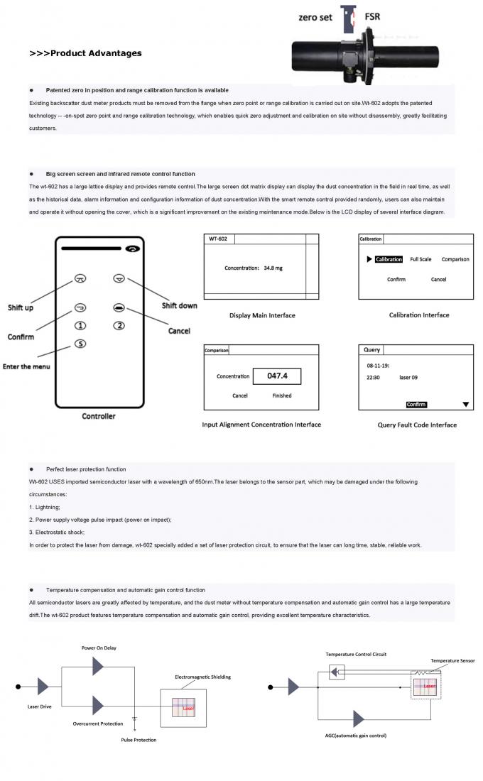 Medidor de polvo l&aacute;ser WT602 para monitoreo de PM en tiempo real para sistemas CEMS, calderas industriales y sistemas de control de emisiones 3